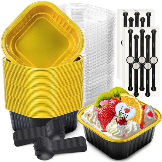 60 Pack Mini Cake Pans with Lids Mini Aluminum Pans, Disposable Loaf Pans Cupcake Liners with Lids for Pudding, Souffle, Party, Wedding(Black , 10 Oz)