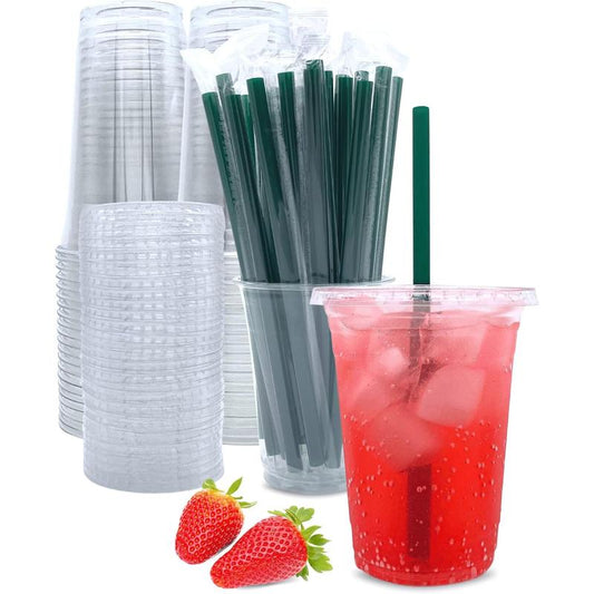 16 Oz Clear Plastic Cups with Lids and Straws, Disposable Coffee Cups 25 Sets