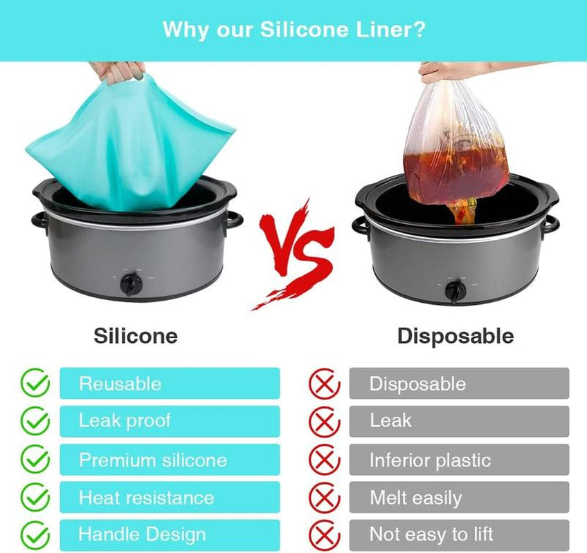 Slow Cooker Liners, 100% Silicone Reusable Large Crock Pot Insert Kitchen Appliance Air Fryer Accessories, Food Safe & Dishwasher Safe (Grey-Mint)