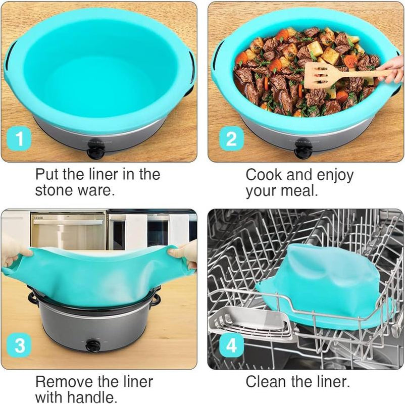 Slow Cooker Liners, 100% Silicone Reusable Large Crock Pot Insert Kitchen Appliance Air Fryer Accessories, Food Safe & Dishwasher Safe (Grey-Mint)
