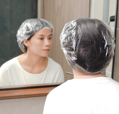 100-Pack Disposable Shower Caps - Extra-Large Waterproof Hair Processing Caps for Spa, Salon, Travel, and Home Use - Clear Transparent