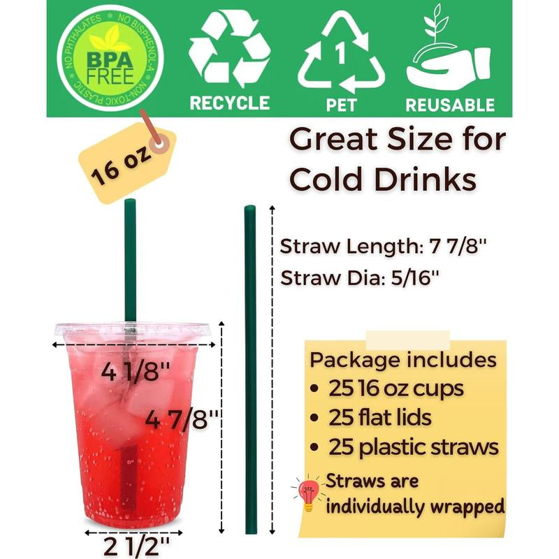 16 Oz Clear Plastic Cups with Lids and Straws, Disposable Coffee Cups 25 Sets