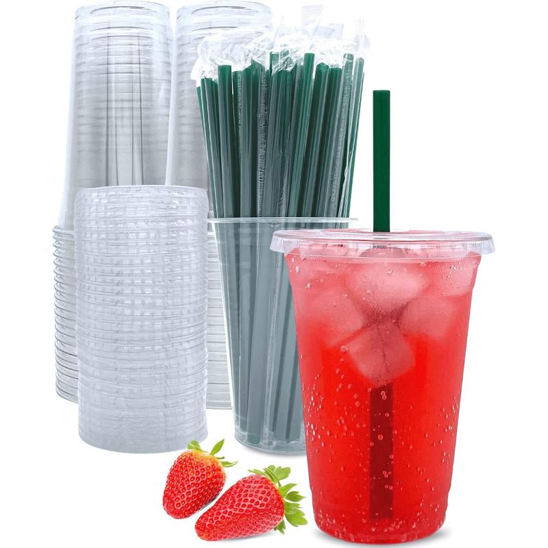 16 Oz Clear Plastic Cups with Lids and Straws, Disposable Coffee Cups 25 Sets
