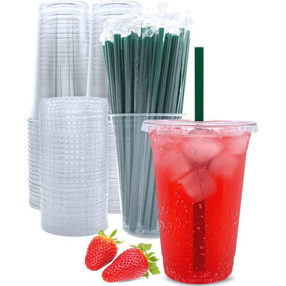 16 Oz Clear Plastic Cups with Lids and Straws, Disposable Coffee Cups 25 Sets