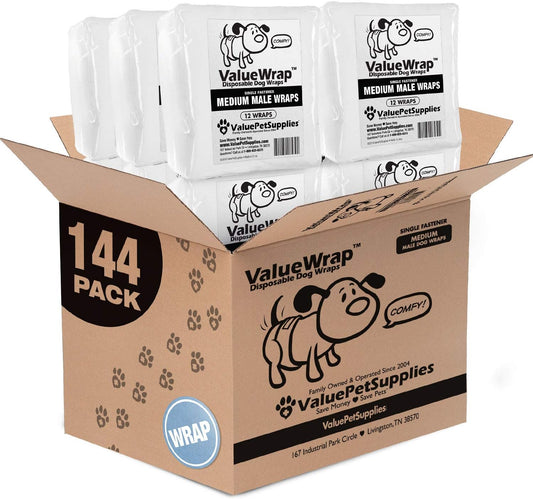 Disposable Male Dog Diapers, Medium Size, 144 Count - Snag-Free Fastener, Leak Protection, Wetness Indicator