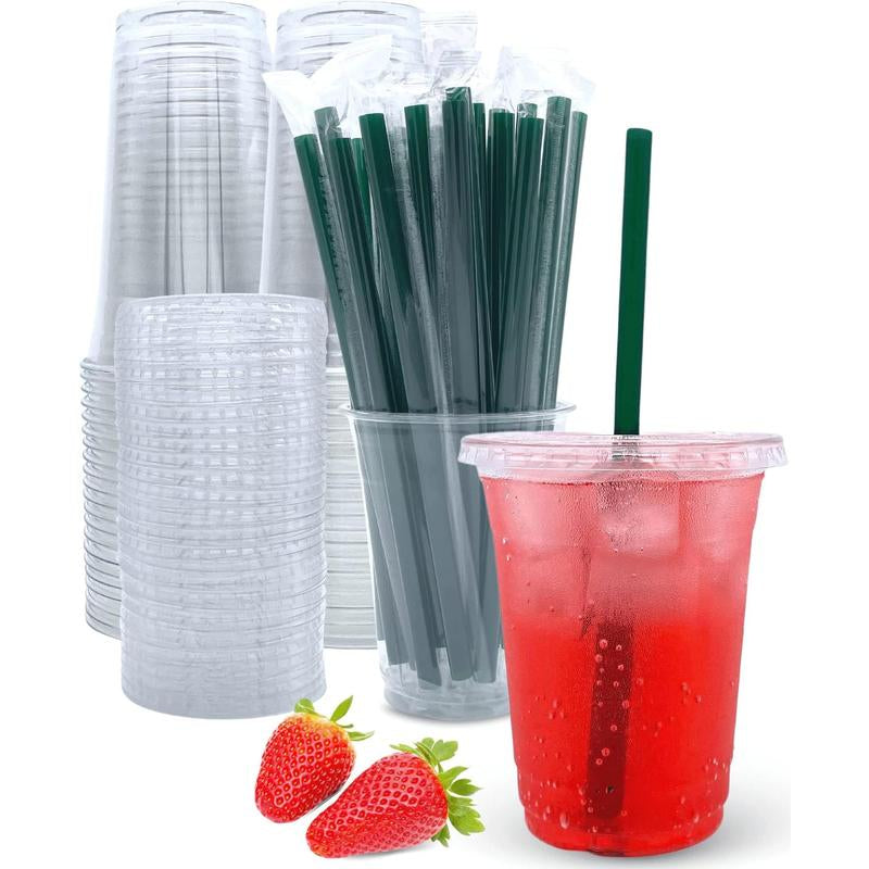 16 Oz Clear Plastic Cups with Lids and Straws, Disposable Coffee Cups 25 Sets